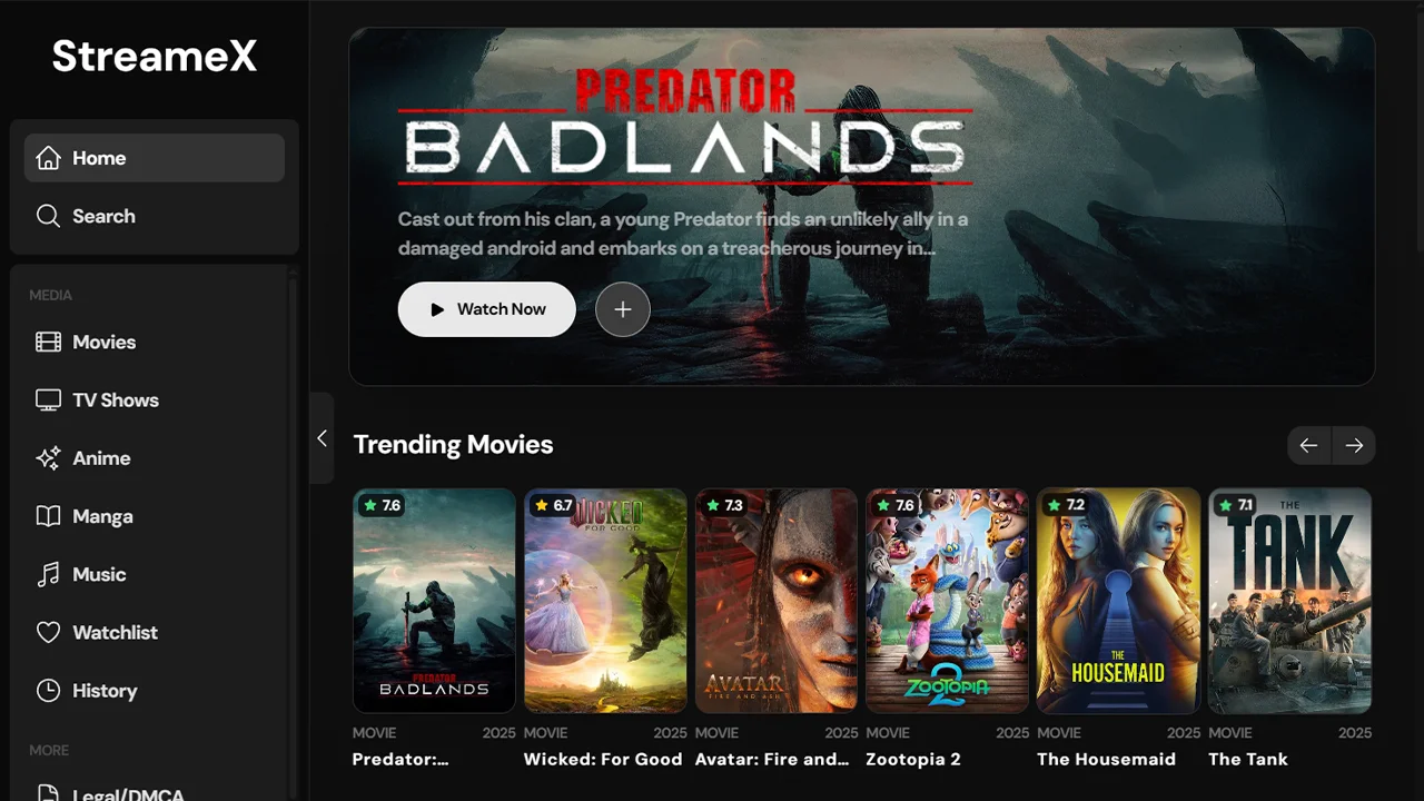 StreameX homepage preview